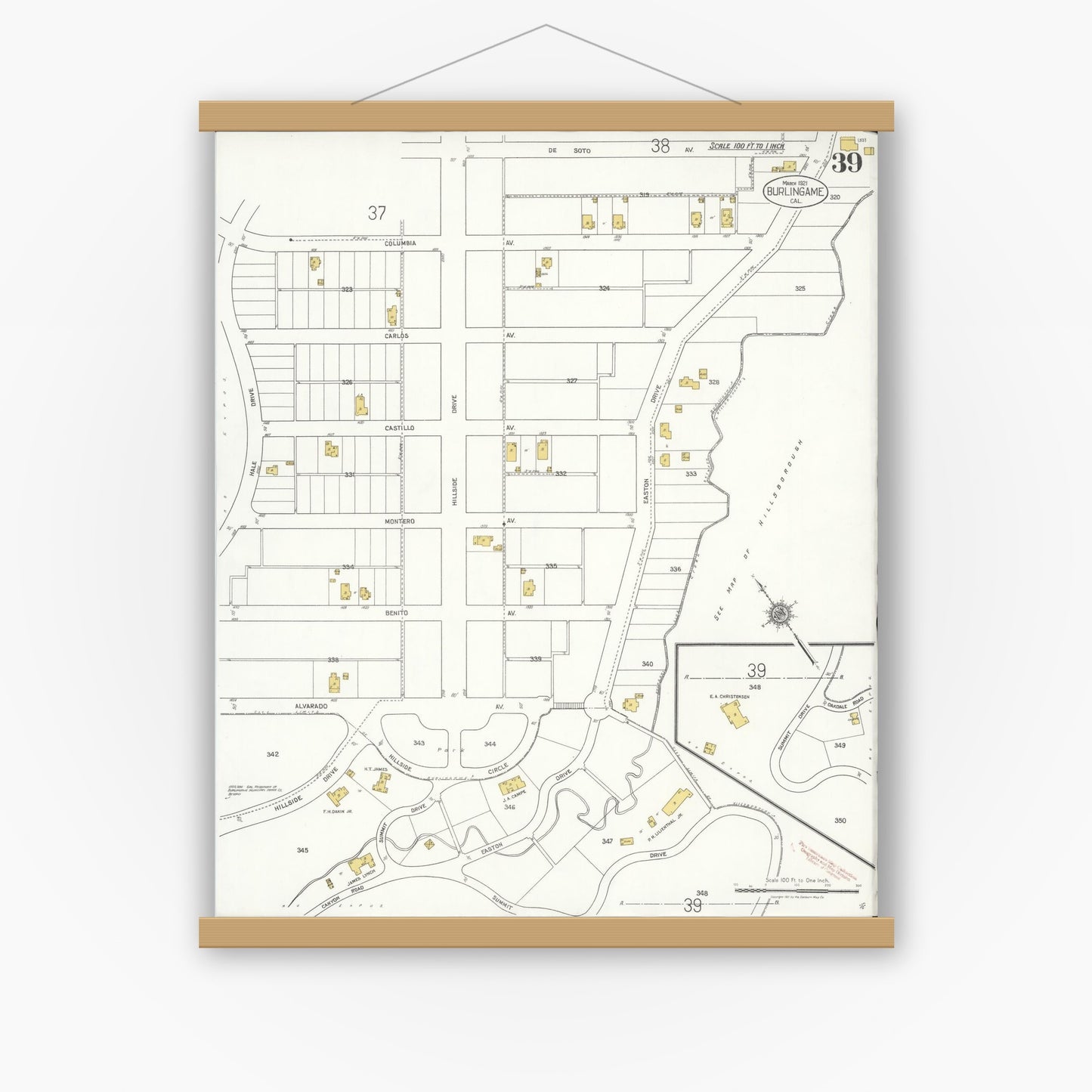 Old map wall art mockup — magnetic wood frame on white wall — Sanborn Fire Insurance Map from Burlingame, San Mateo County, California (1921), Sheet #0039