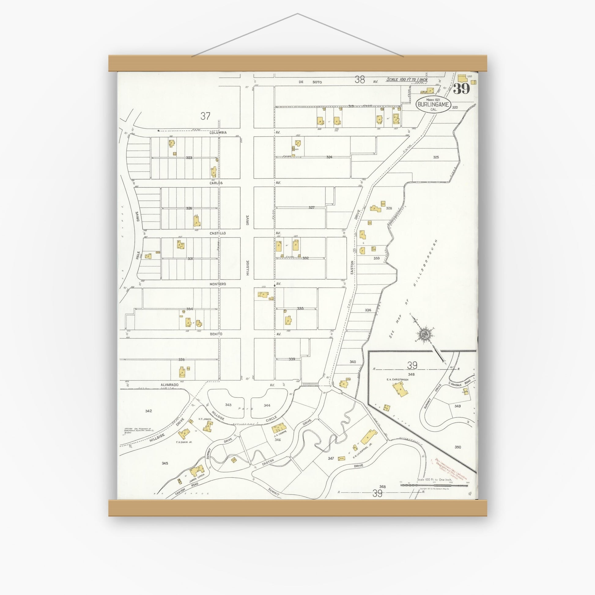 Old map wall art mockup — magnetic wood frame on white wall — Sanborn Fire Insurance Map from Burlingame, San Mateo County, California (1921), Sheet #0039