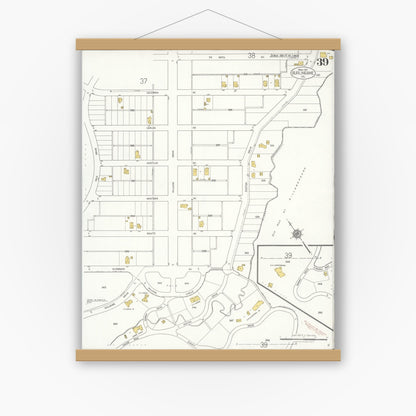 Old map wall art mockup — magnetic wood frame on white wall — Sanborn Fire Insurance Map from Burlingame, San Mateo County, California (1921), Sheet #0039