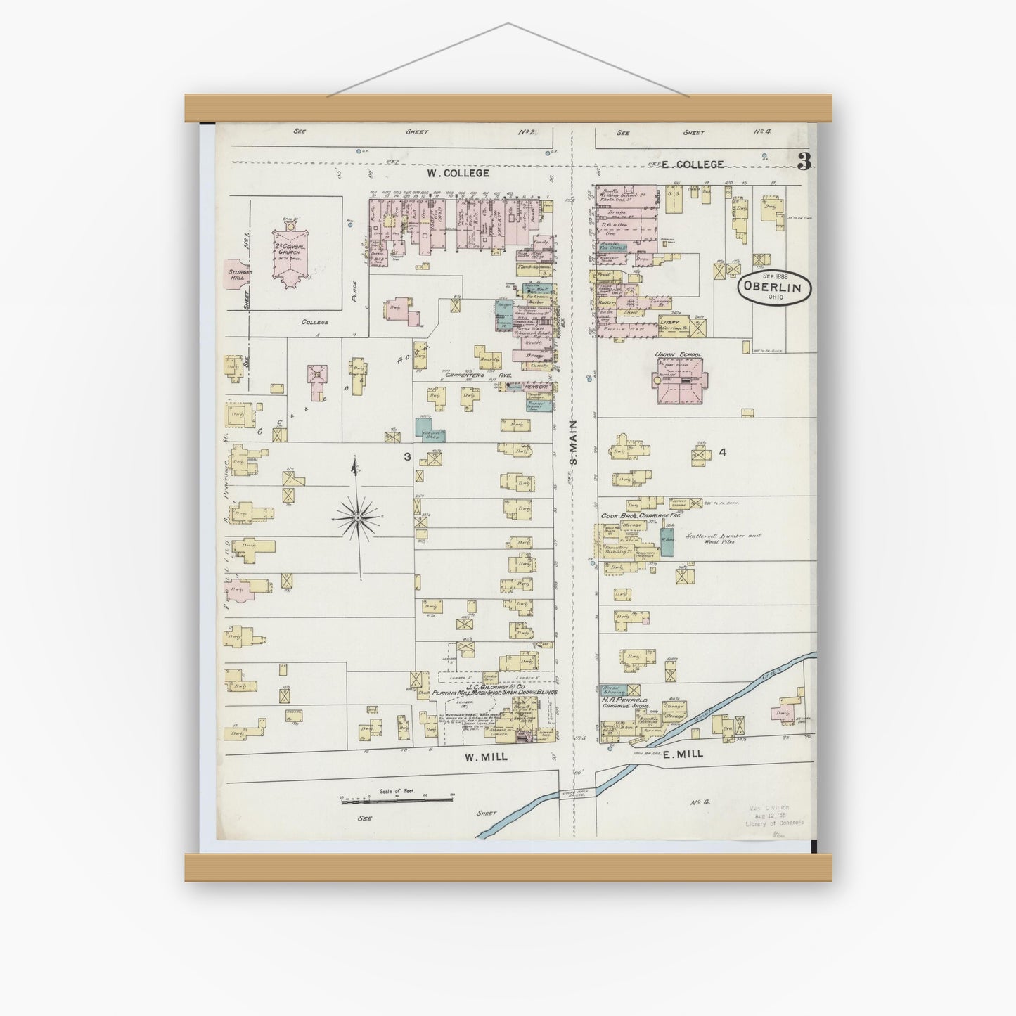 Old map wall art mockup — magnetic wood frame on white wall — Sanborn Fire Insurance Map from Oberlin, Lorain County, Ohio (1888), Sheet #0003