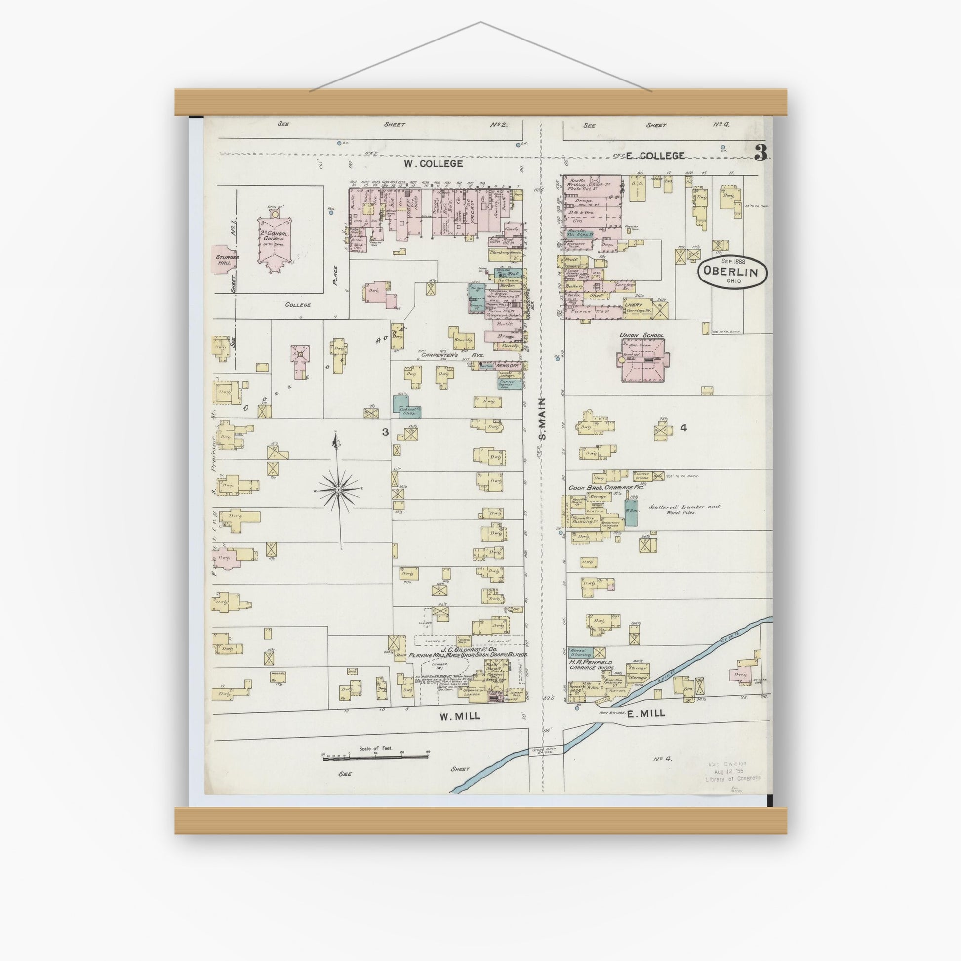 Old map wall art mockup — magnetic wood frame on white wall — Sanborn Fire Insurance Map from Oberlin, Lorain County, Ohio (1888), Sheet #0003