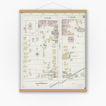 Old map wall art mockup — magnetic wood frame on white wall — Sanborn Fire Insurance Map from Oberlin, Lorain County, Ohio (1888), Sheet #0003
