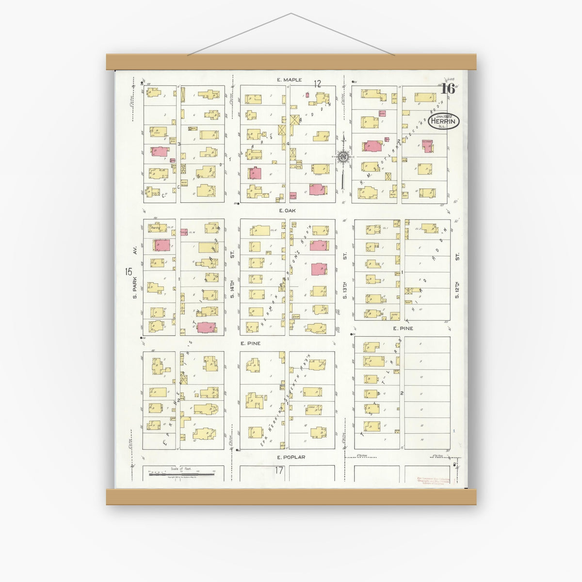 Old map wall art mockup — magnetic wood frame on white wall — Sanborn Fire Insurance Map from Herrin, Williamson County, Illinois (1922), Sheet #0016