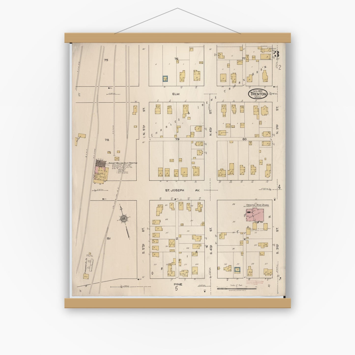 Old map wall art mockup — magnetic wood frame on white wall — Sanborn Fire Insurance Map from Trenton, Wayne County, Michigan (1922), Sheet #0003