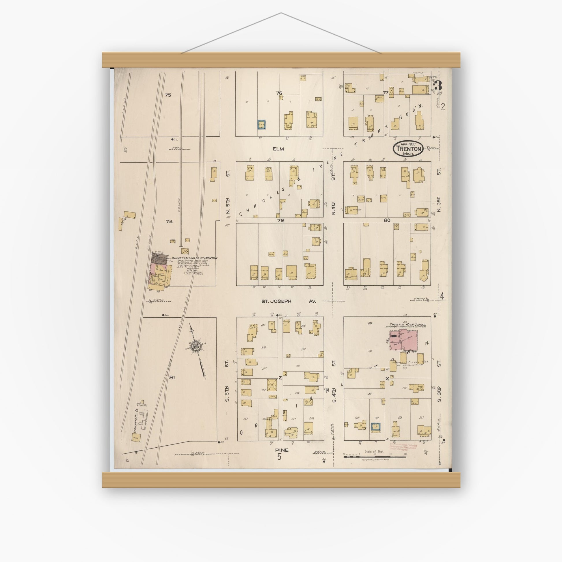 Old map wall art mockup — magnetic wood frame on white wall — Sanborn Fire Insurance Map from Trenton, Wayne County, Michigan (1922), Sheet #0003