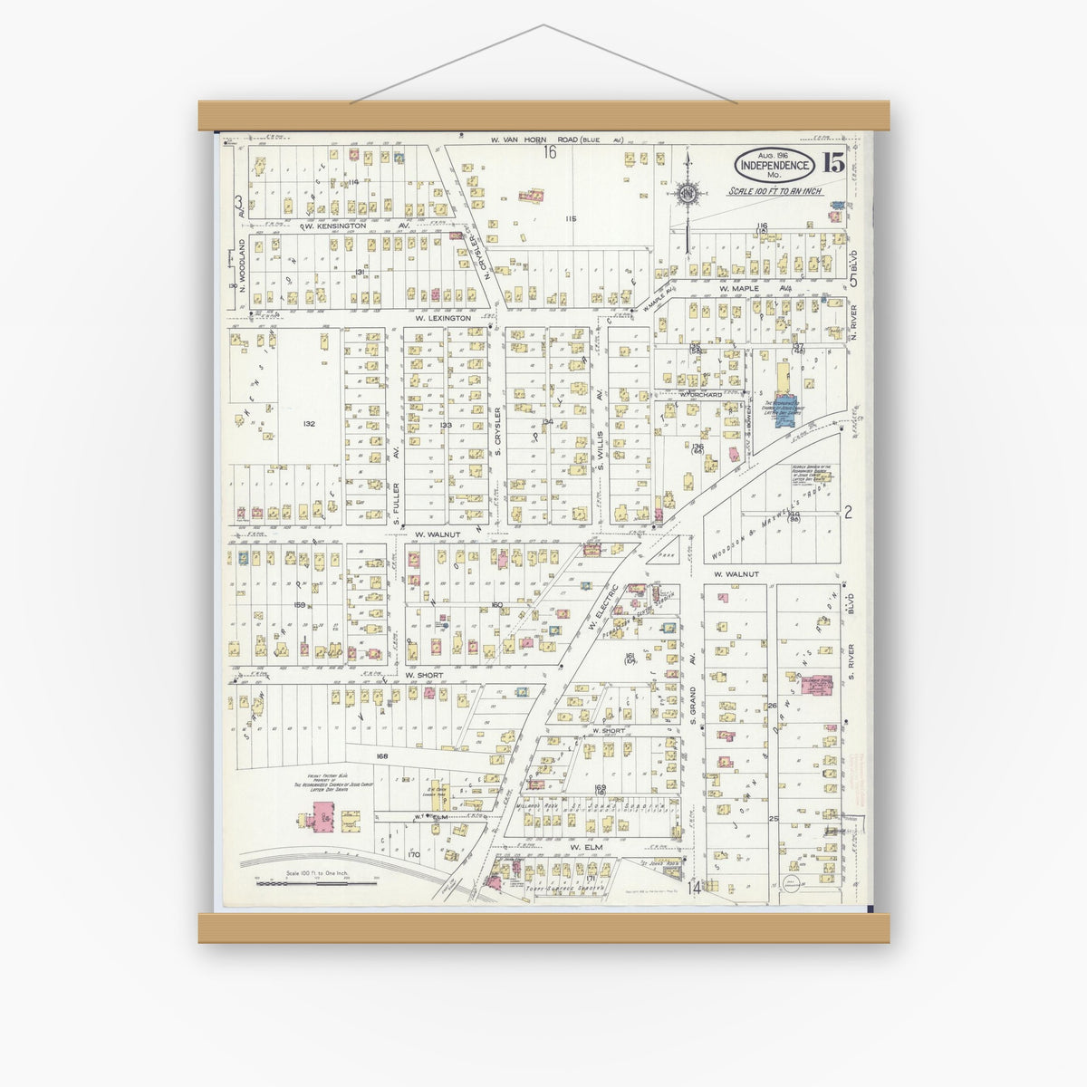 Old map wall art mockup — magnetic wood frame on white wall — Sanborn Fire Insurance Map from Independence, Jackson County, Missouri (1916), Sheet #0015
