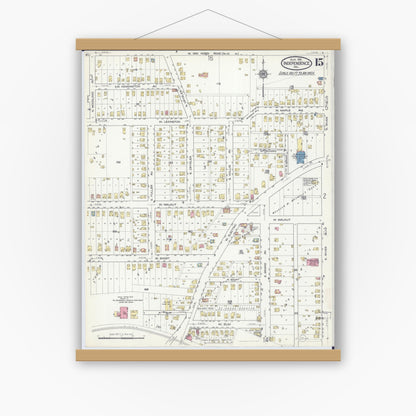 Old map wall art mockup — magnetic wood frame on white wall — Sanborn Fire Insurance Map from Independence, Jackson County, Missouri (1916), Sheet #0015