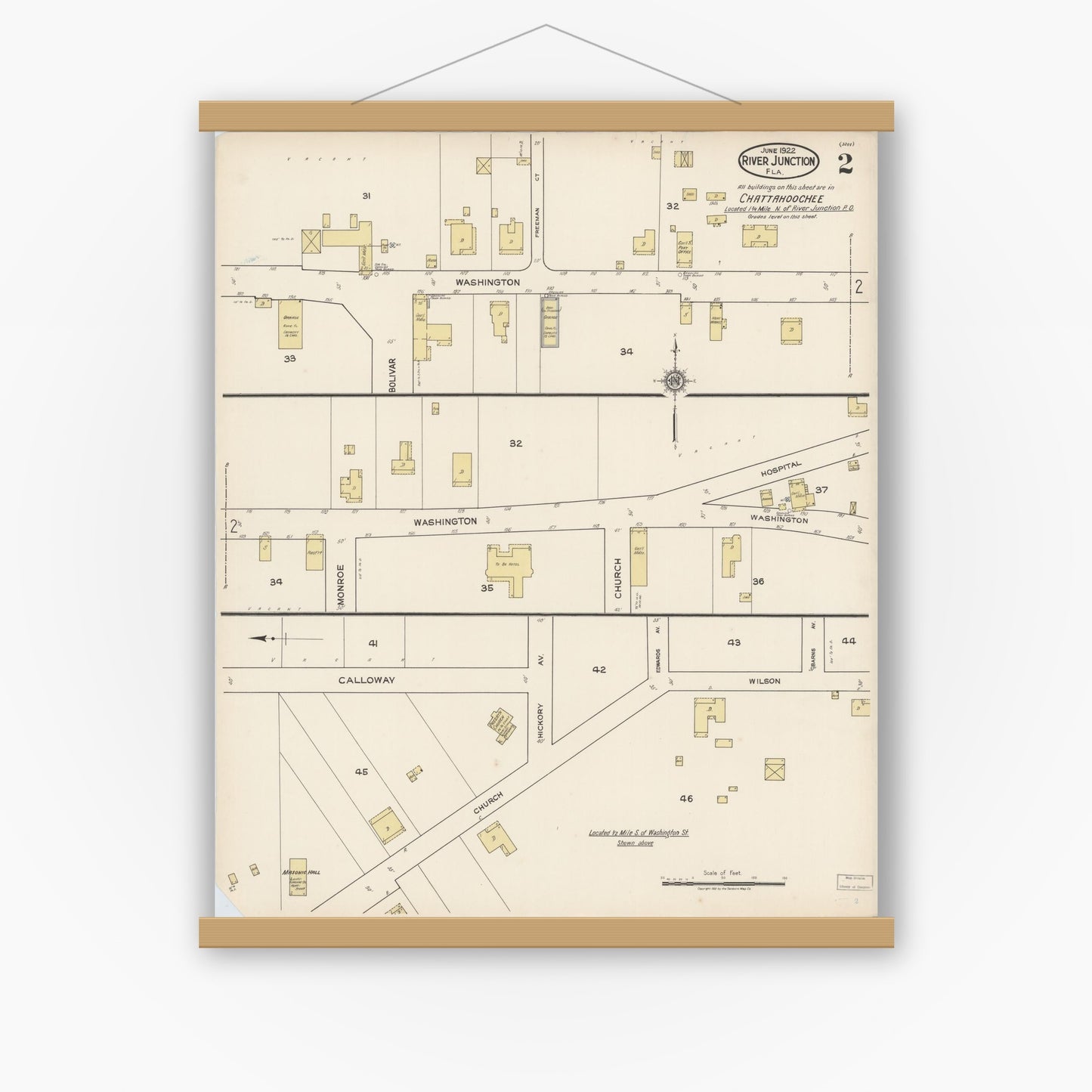 Old map wall art mockup — magnetic wood frame on white wall — Sanborn Fire Insurance Map from River Junction, Gadsden County, Florida (1922), Sheet #0002