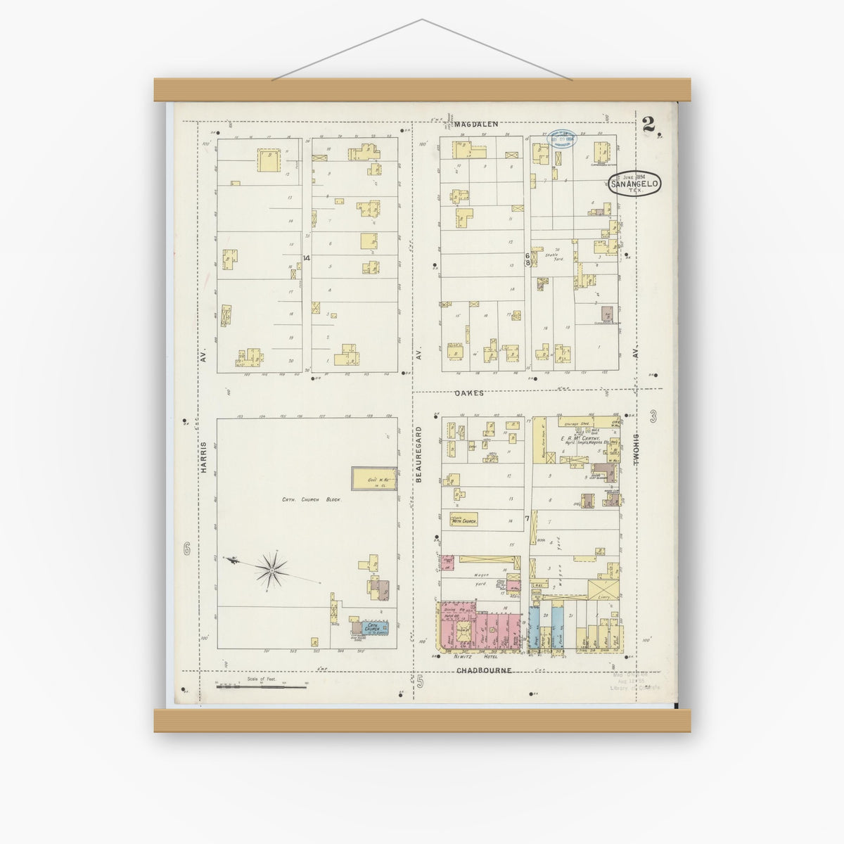 Old map wall art mockup — magnetic wood frame on white wall — Sanborn Fire Insurance Map from San Angelo, Tom Green County, Texas (1894), Sheet #0002