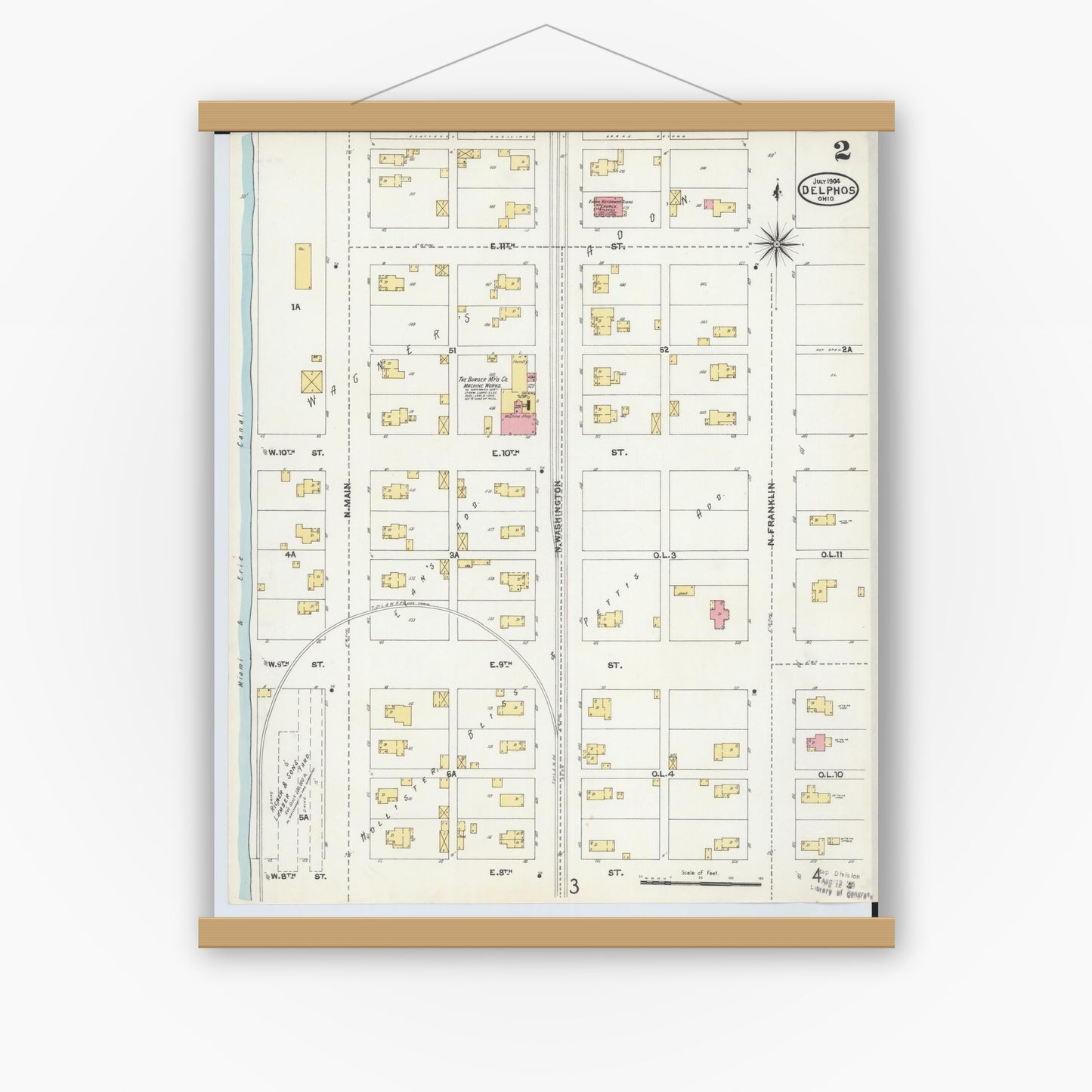 Old map wall art mockup — magnetic wood frame on white wall — Sanborn Fire Insurance Map from Delphos, Van Wert And Allen Counties, Ohio (1904), Sheet #0002