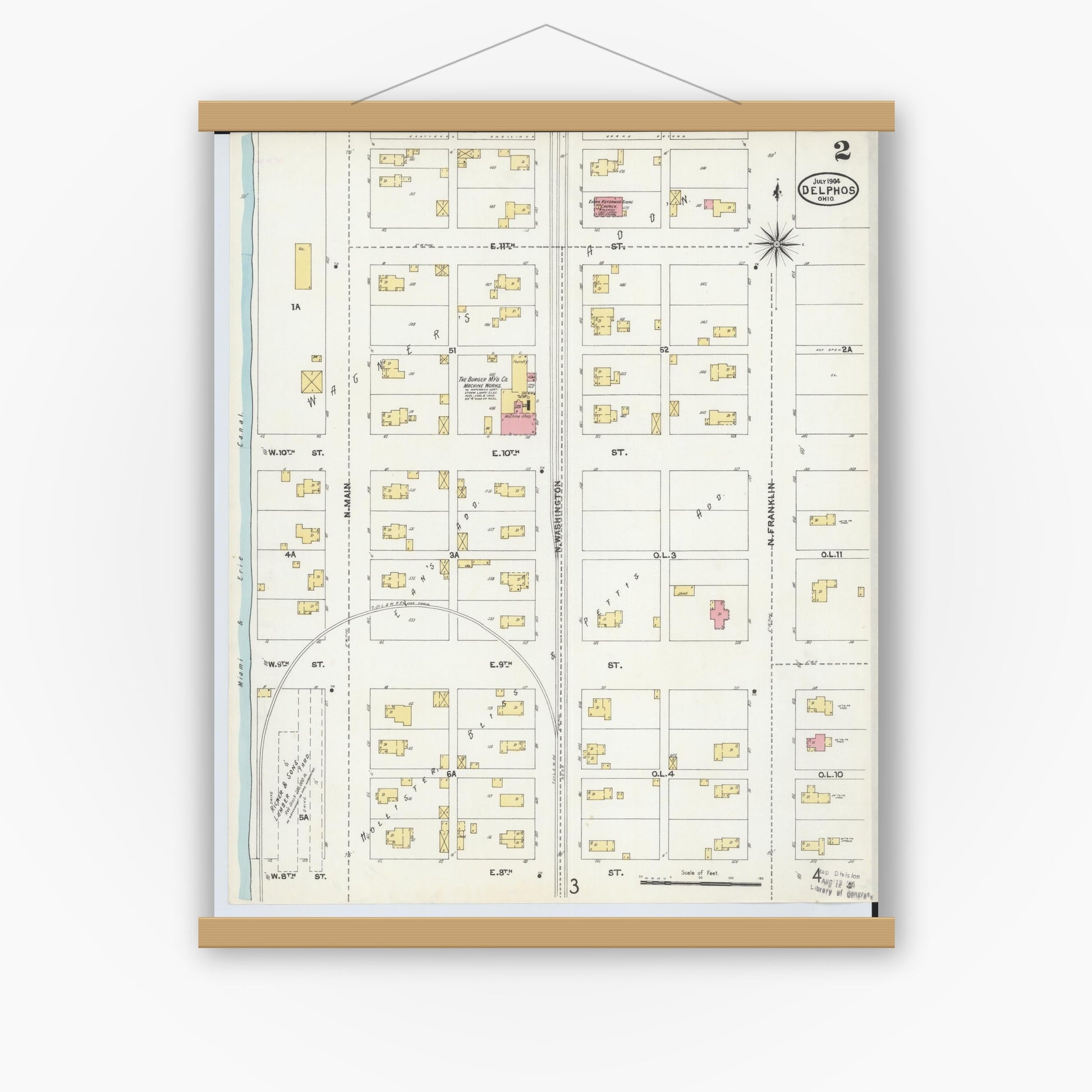 Old map wall art mockup — magnetic wood frame on white wall — Sanborn Fire Insurance Map from Delphos, Van Wert And Allen Counties, Ohio (1904), Sheet #0002