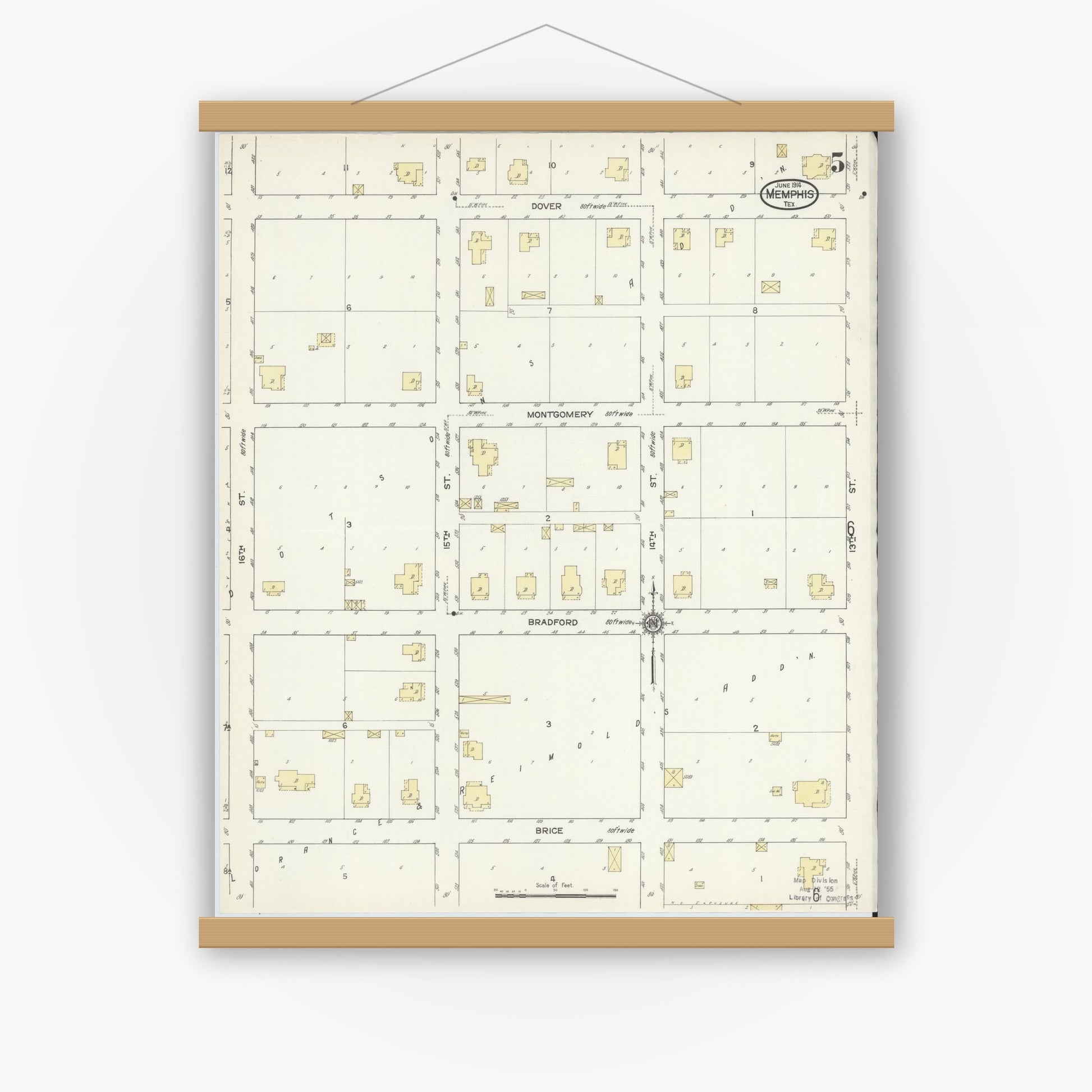 Old map wall art mockup — magnetic wood frame on white wall — Sanborn Fire Insurance Map from Memphis, Hall County, Texas (1914), Sheet #0005