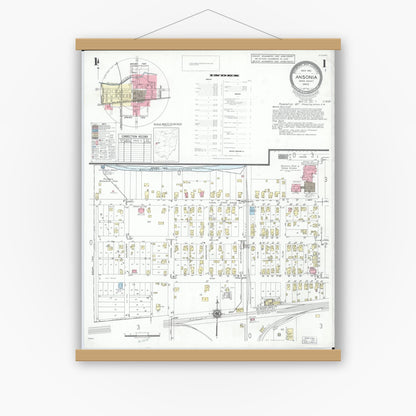 Old map wall art mockup — magnetic wood frame on white wall — Sanborn Fire Insurance Map from Ansonia, Darke County, Ohio (1951), Sheet #0001