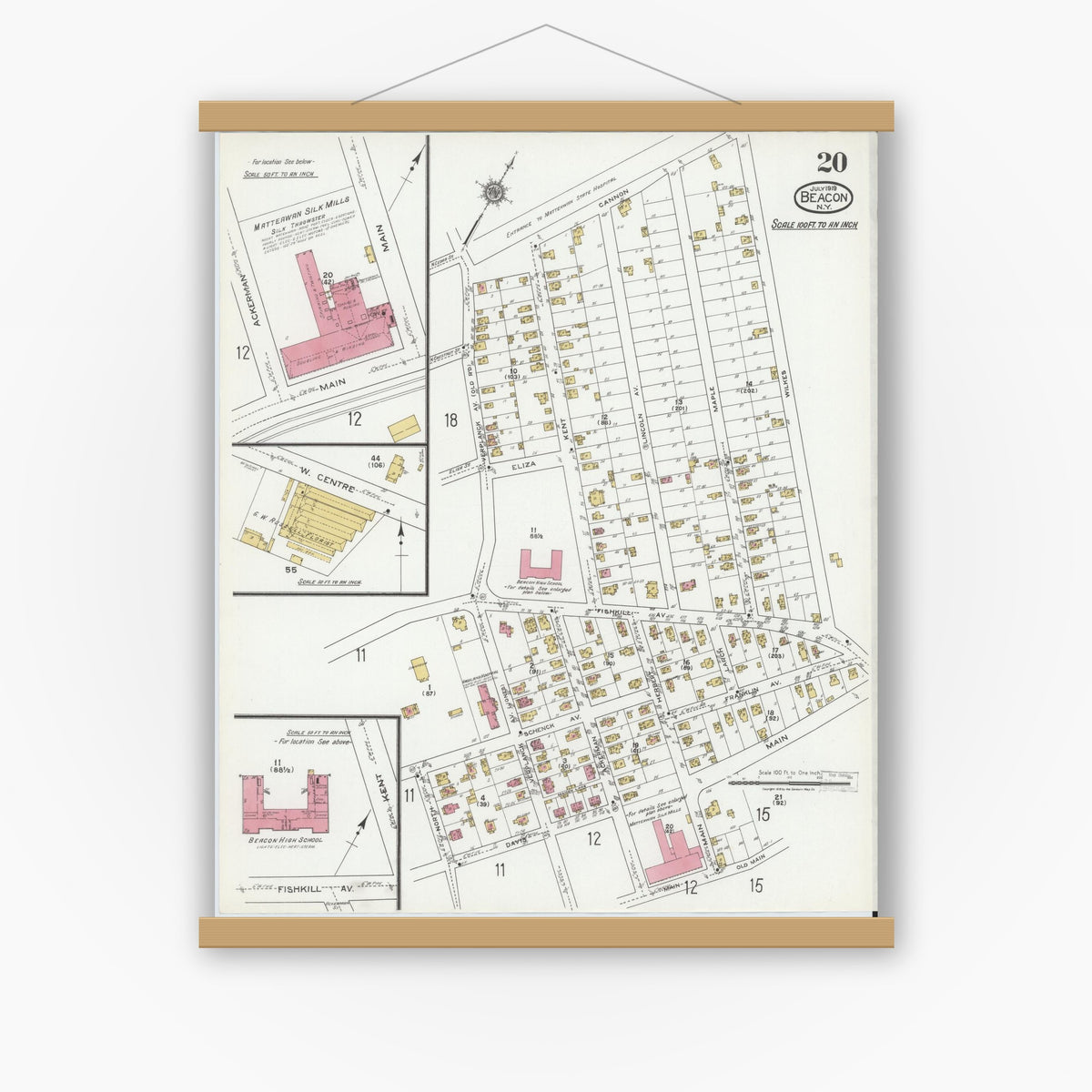 Old map wall art mockup — magnetic wood frame on white wall — Sanborn Fire Insurance Map from Beacon, Dutchess County, New York (1919), Sheet #0020