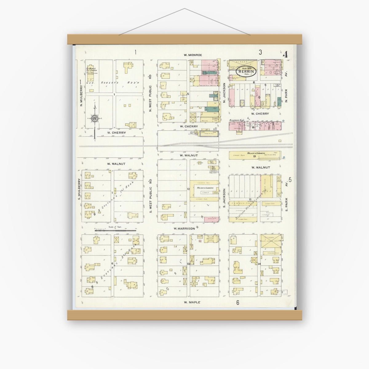 Old map wall art mockup — magnetic wood frame on white wall — Sanborn Fire Insurance Map from Herrin, Williamson County, Illinois (1909), Sheet #0004