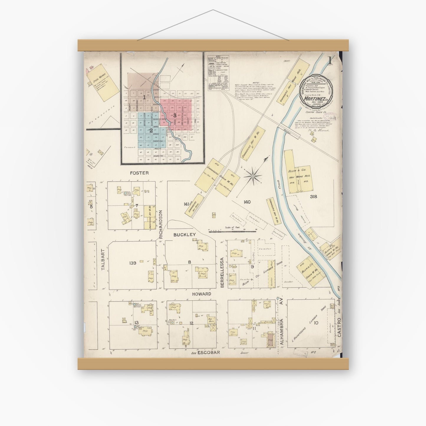 Old map wall art mockup — magnetic wood frame on white wall — Sanborn Fire Insurance Map from Martinez, Contra Costa County, California (1888) - Complete Map Set