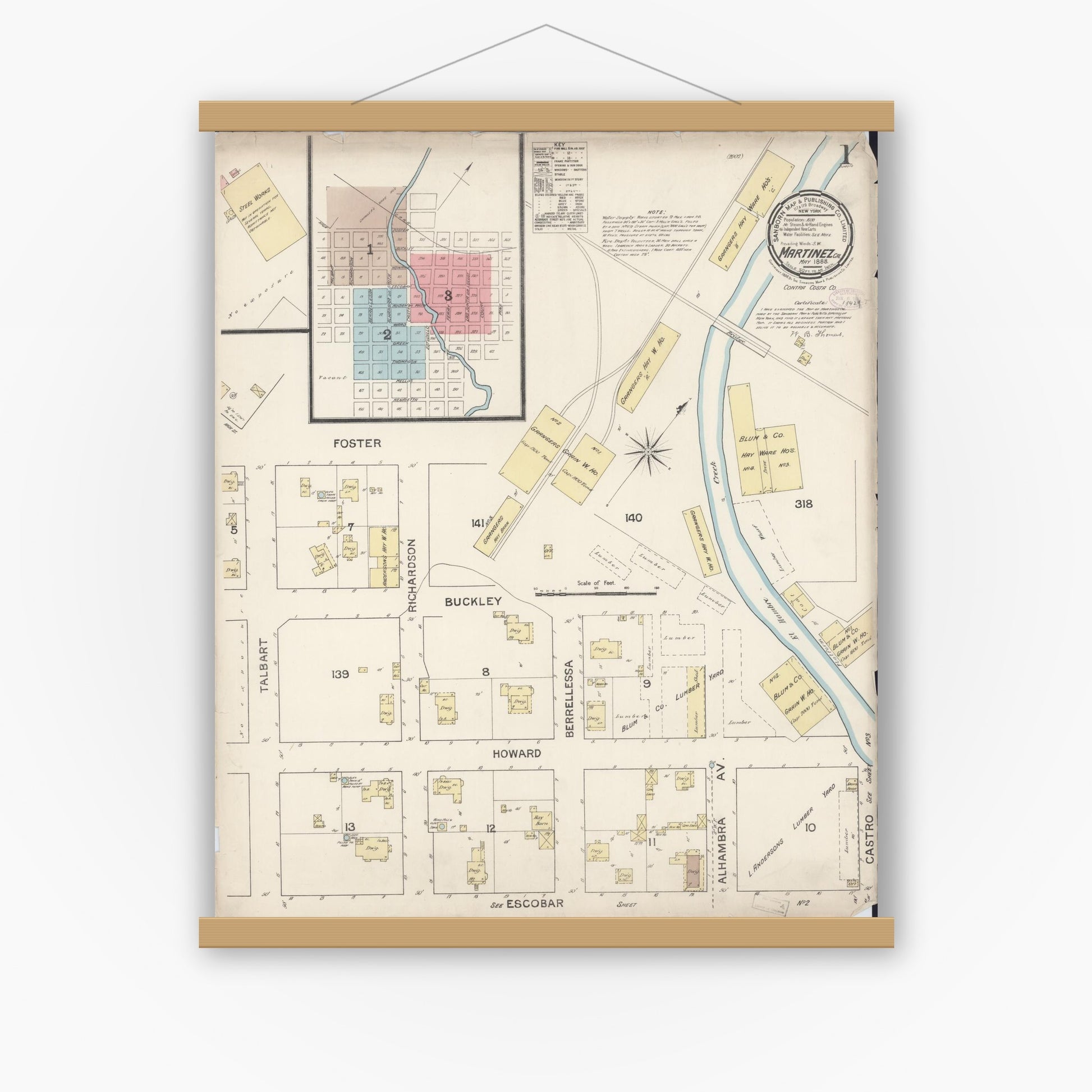 Old map wall art mockup — magnetic wood frame on white wall — Sanborn Fire Insurance Map from Martinez, Contra Costa County, California (1888) - Complete Map Set