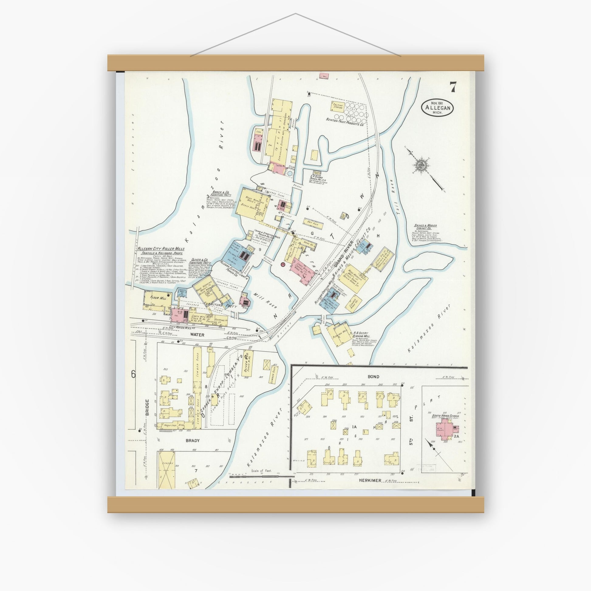 Old map wall art mockup — magnetic wood frame on white wall — Sanborn Fire Insurance Map from Allegan, Allegan County, Michigan (1911), Sheet #0007