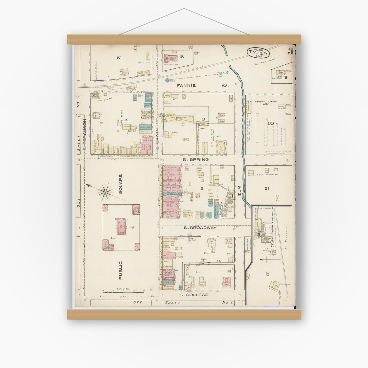 Old map wall art mockup — magnetic wood frame on white wall — Sanborn Fire Insurance Map from Tyler, Smith County, Texas (1885), Sheet #0003