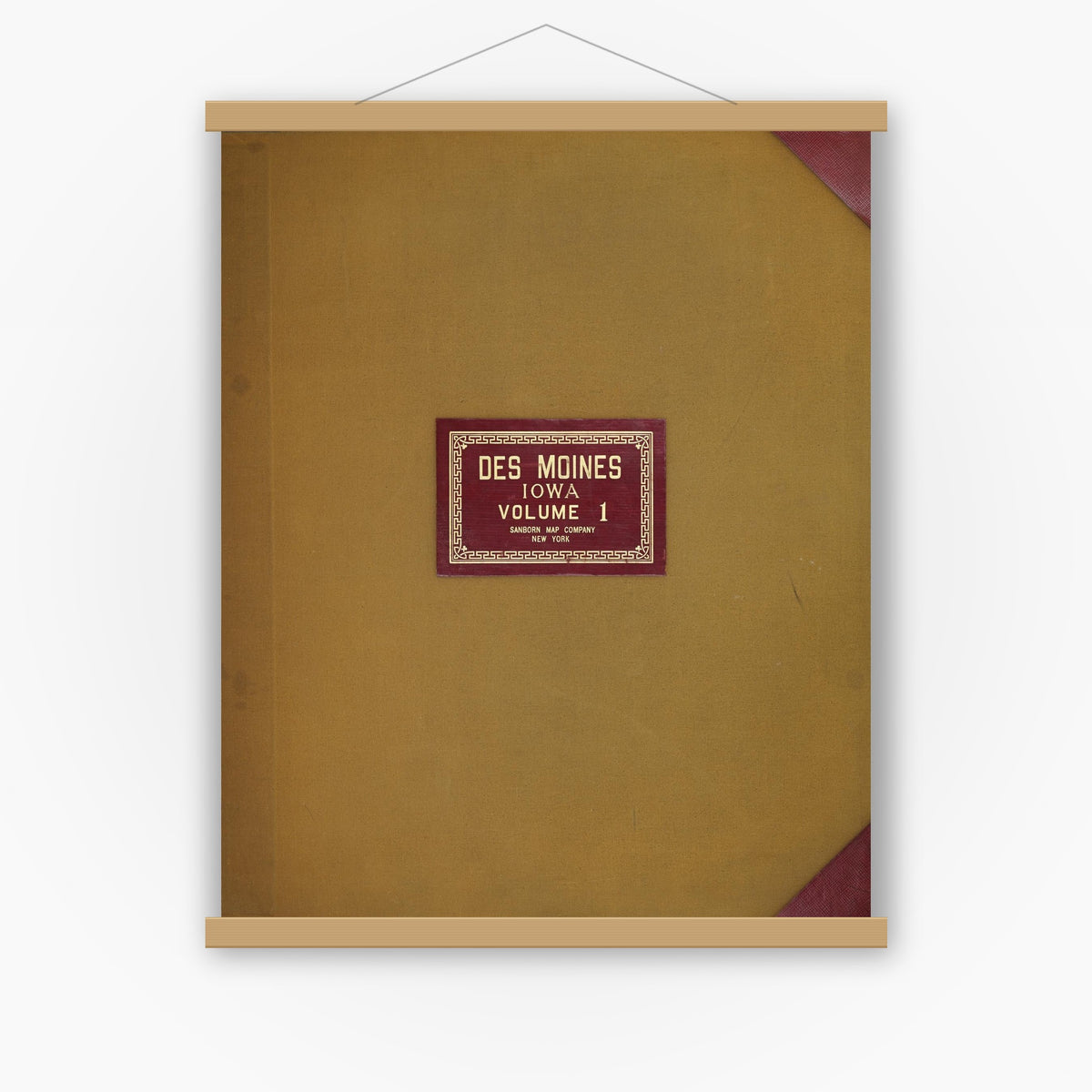 Old map wall art mockup — magnetic wood frame on white wall — Sanborn Fire Insurance Map from Des Moines, Polk County, Iowa (1950), Sheet #0001