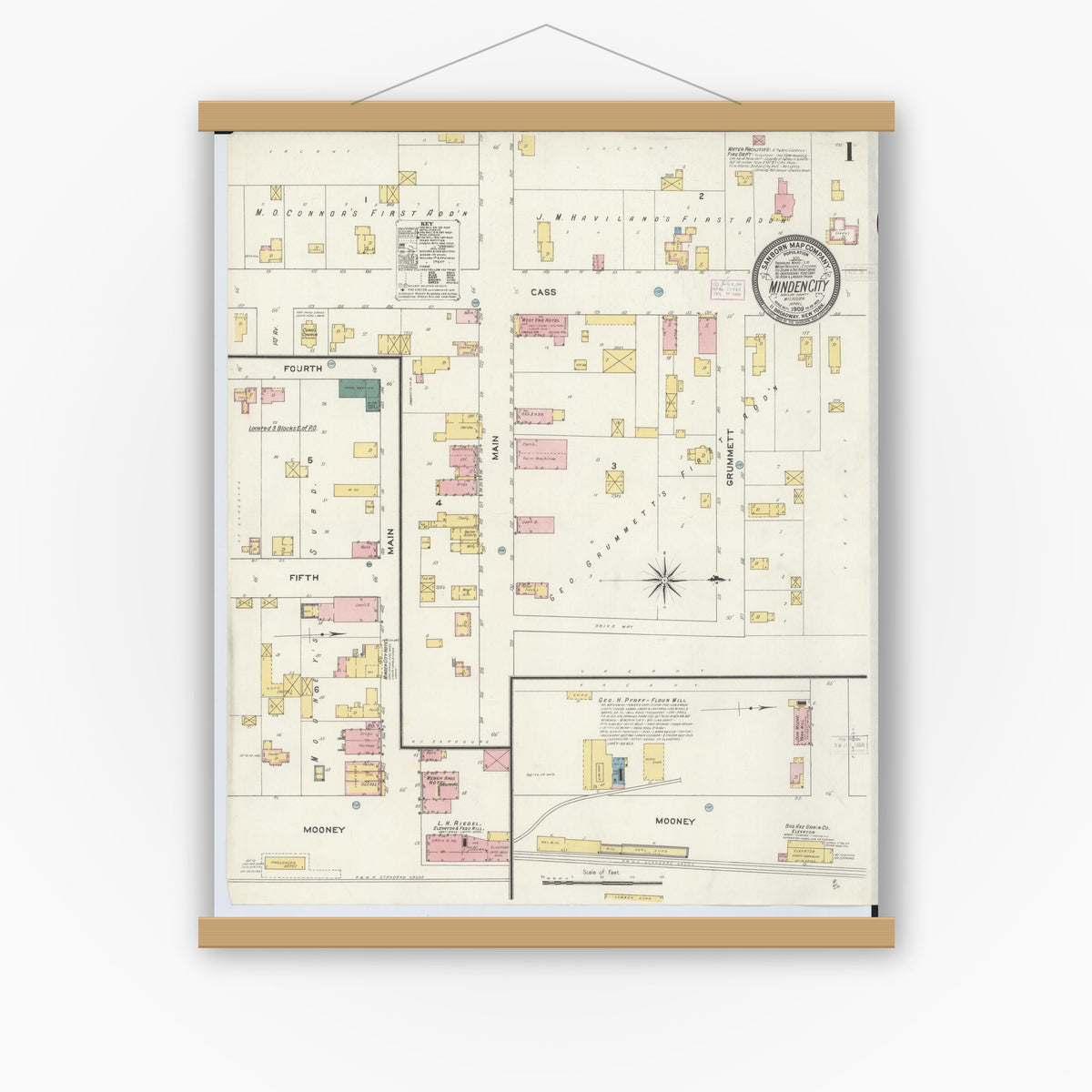 Old map wall art mockup — magnetic wood frame on white wall — Sanborn Fire Insurance Map from Minden City, Sanilac County, Michigan (1909), Sheet #0001