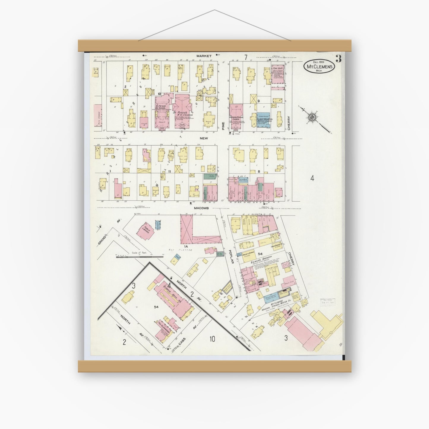 Old map wall art mockup — magnetic wood frame on white wall — Sanborn Fire Insurance Map from Mount Clemens, Macomb County, Michigan (1909), Sheet #0003