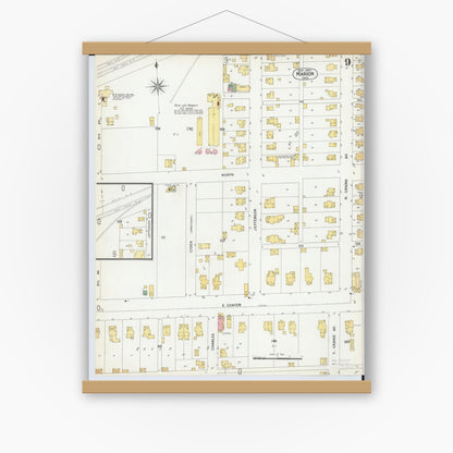 Old map wall art mockup — magnetic wood frame on white wall — Sanborn Fire Insurance Map from Marion, Marion County, Ohio (1900), Sheet #0009