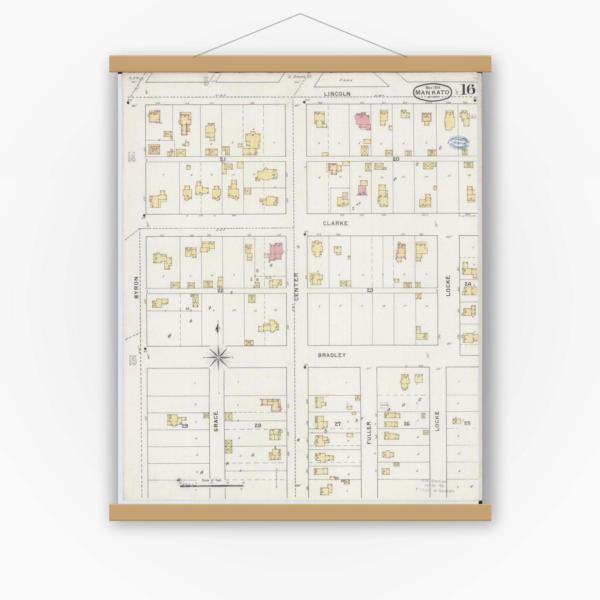 Old map wall art mockup — magnetic wood frame on white wall — Sanborn Fire Insurance Map from Mankato, Blue Earth County, Minnesota (1894), Sheet #0016