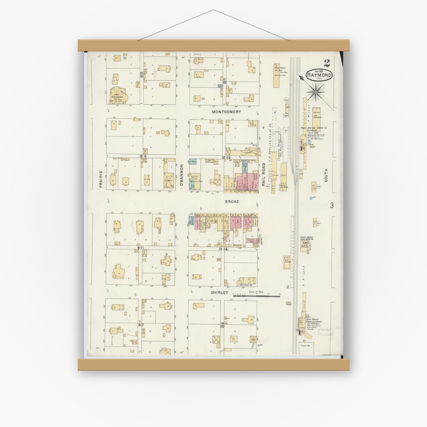 Old map wall art mockup — magnetic wood frame on white wall — Sanborn Fire Insurance Map from Raymond, Montgomery County, Illinois (1901), Sheet #0002