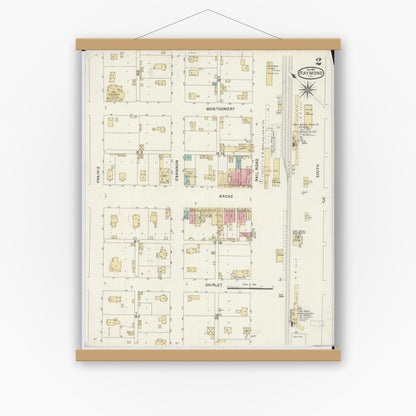 Old map wall art mockup — magnetic wood frame on white wall — Sanborn Fire Insurance Map from Raymond, Montgomery County, Illinois (1901), Sheet #0002