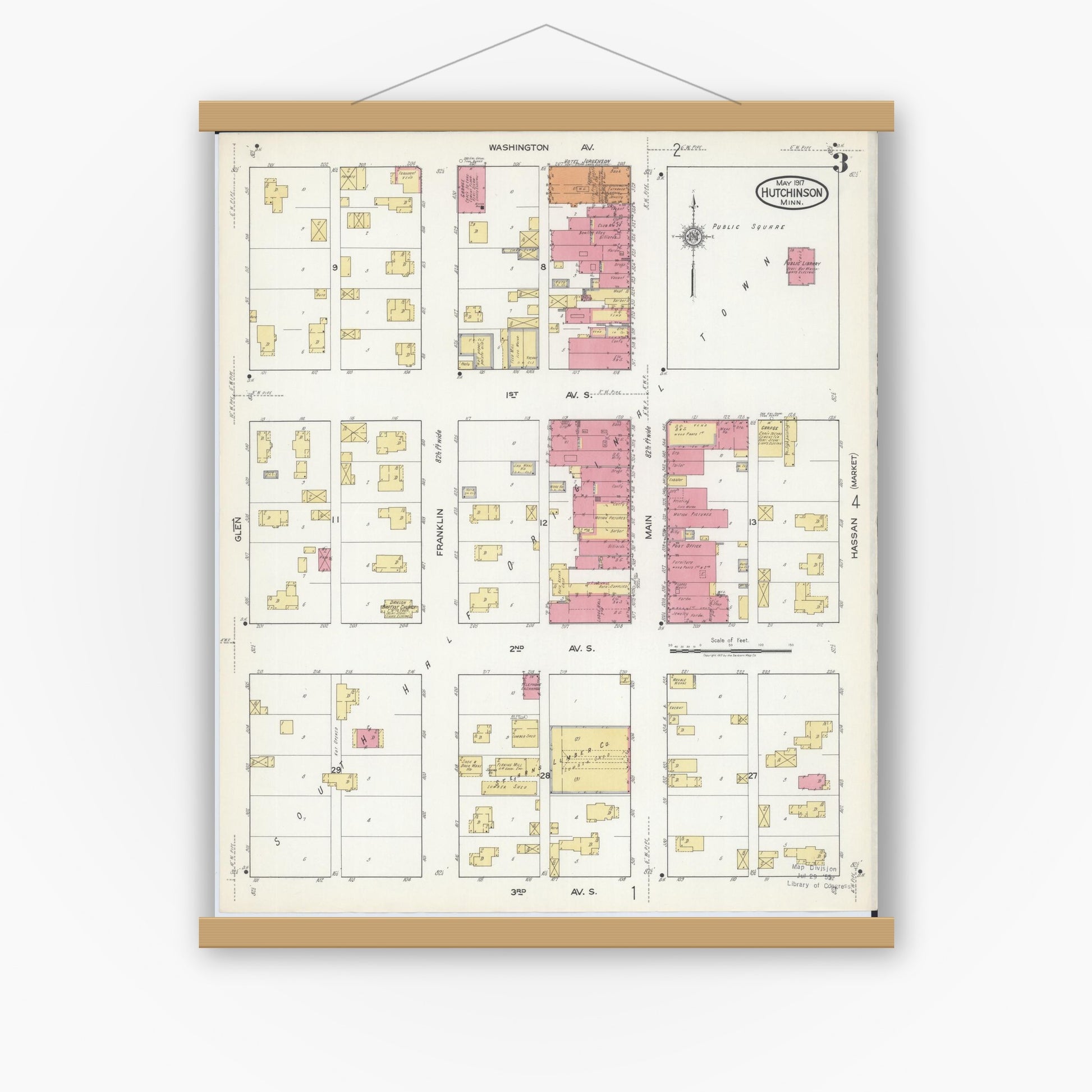 Old map wall art mockup — magnetic wood frame on white wall — Sanborn Fire Insurance Map from Hutchinson, Mcleod County, Minnesota (1917), Sheet #0003
