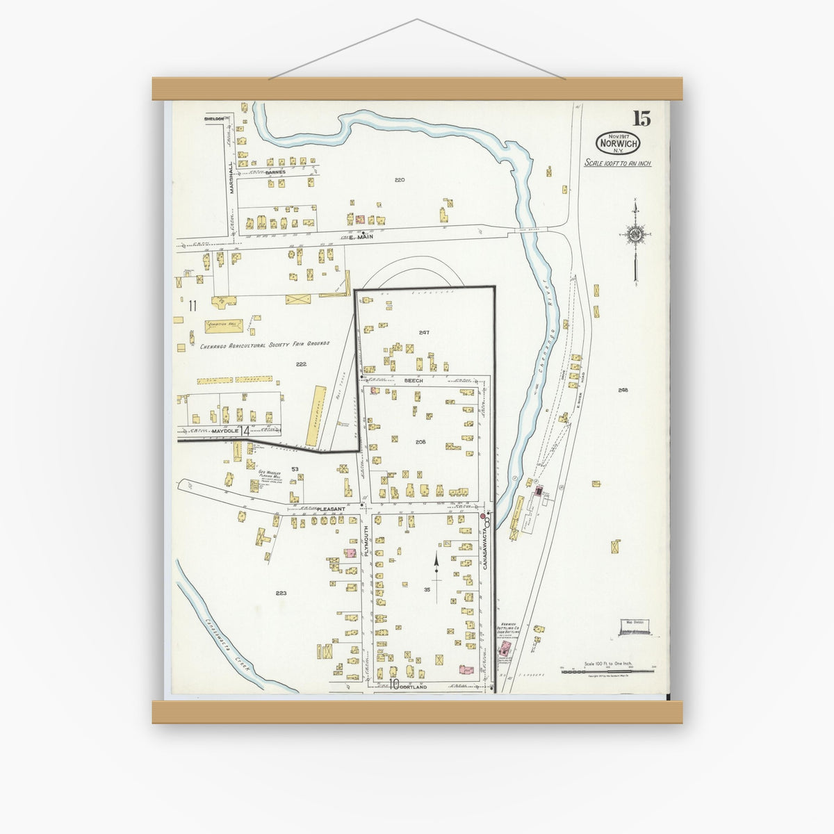 Old map wall art mockup — magnetic wood frame on white wall — Sanborn Fire Insurance Map from Norwich, Chenango County, New York (1917), Sheet #0015