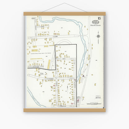 Old map wall art mockup — magnetic wood frame on white wall — Sanborn Fire Insurance Map from Norwich, Chenango County, New York (1917), Sheet #0015