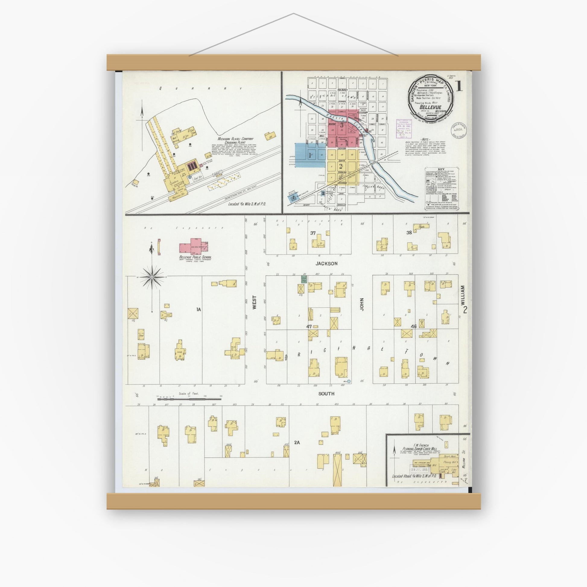 Old map wall art mockup — magnetic wood frame on white wall — Sanborn Fire Insurance Map from Bellevue, Eaton County, Michigan (1901) - Complete Map Set
