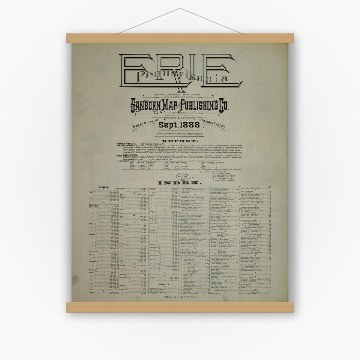 Old map wall art mockup — magnetic wood frame on white wall — Sanborn Fire Insurance Map from Erie, Erie County, Pennsylvania (1888), Sheet #0001