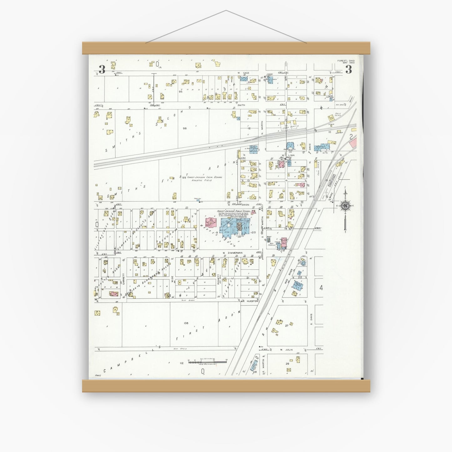 Old map wall art mockup — magnetic wood frame on white wall — Sanborn Fire Insurance Map from Forest, Hardin County, Ohio (1950), Sheet #0003