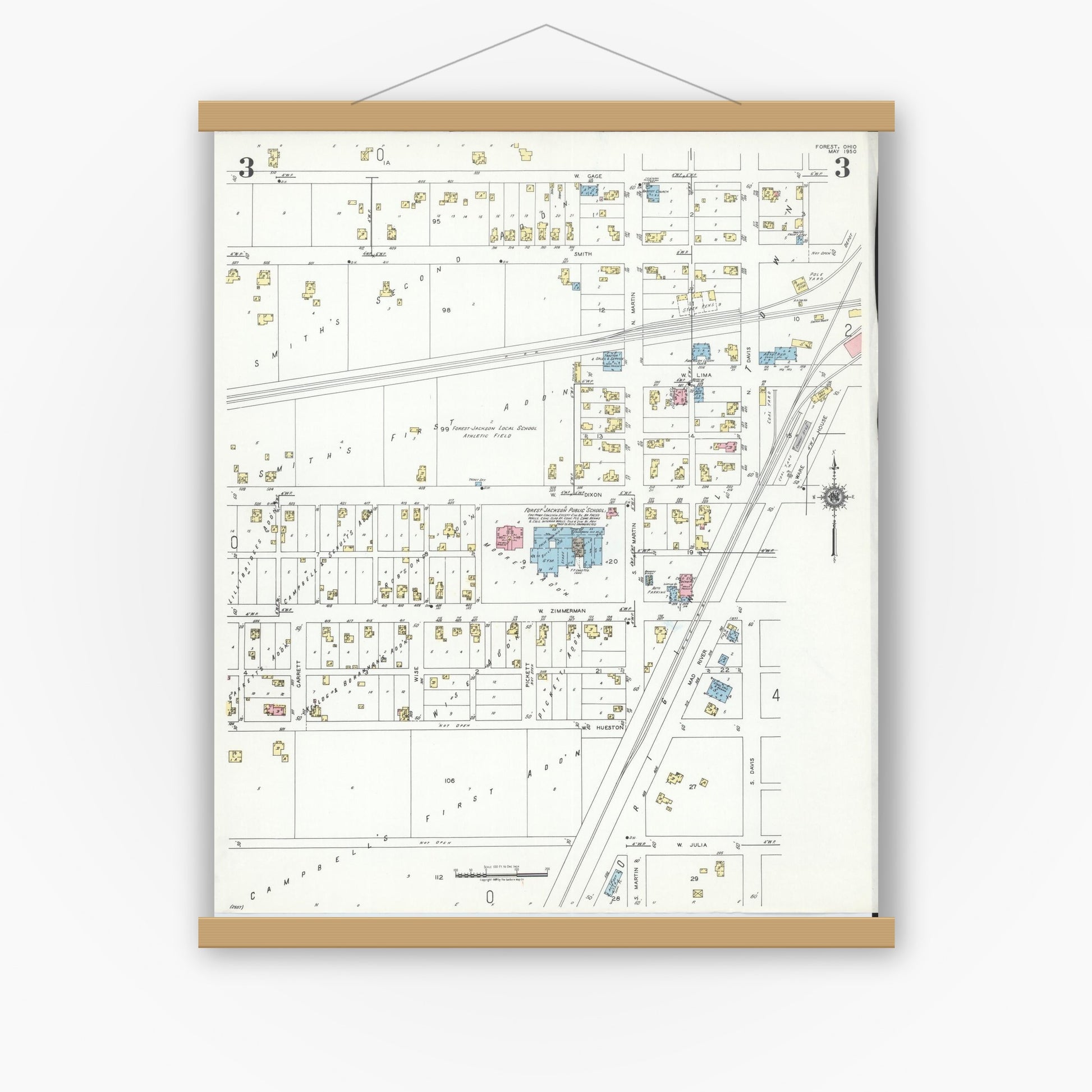 Old map wall art mockup — magnetic wood frame on white wall — Sanborn Fire Insurance Map from Forest, Hardin County, Ohio (1950), Sheet #0003