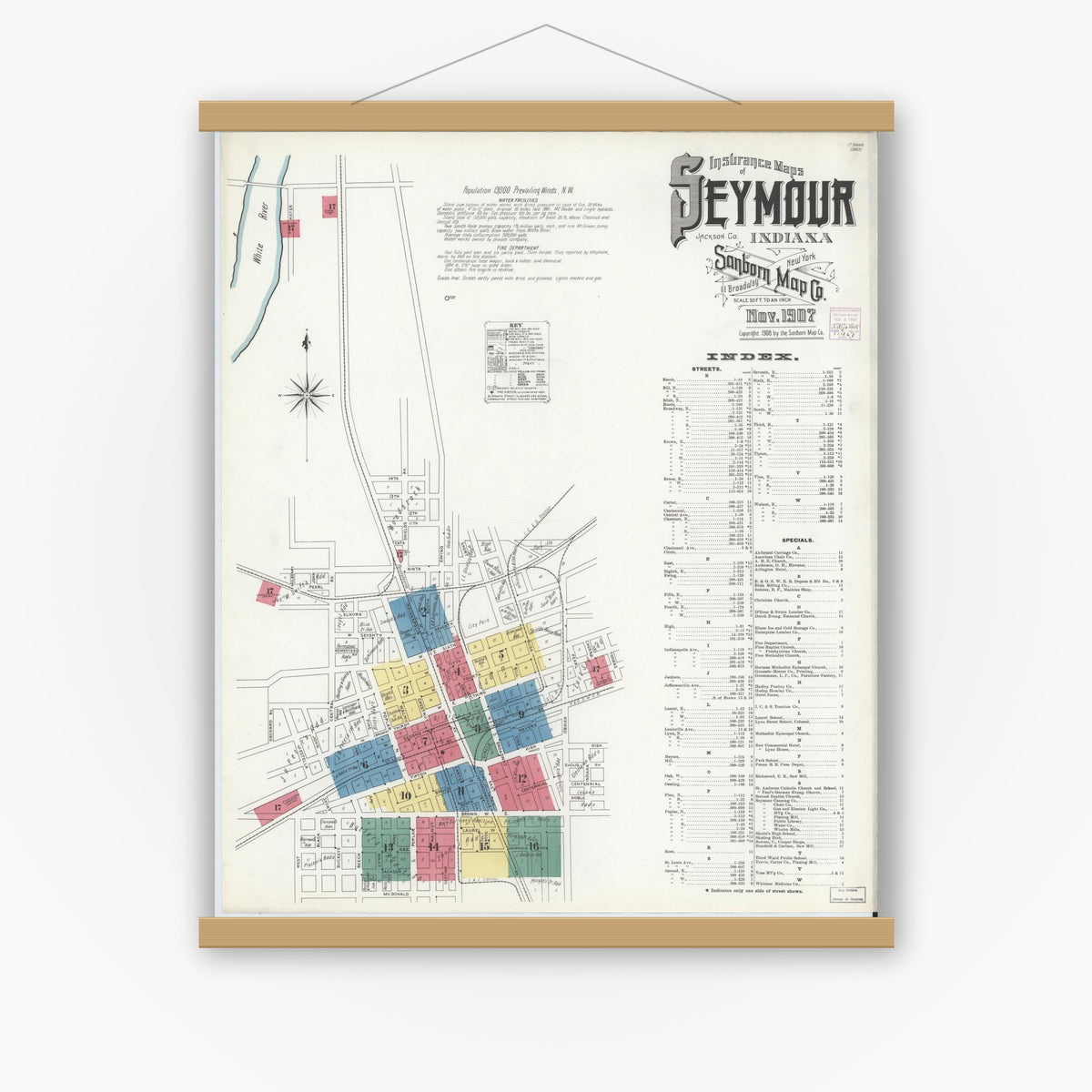 Old map wall art mockup — magnetic wood frame on white wall — Sanborn Fire Insurance Map from Seymour, Jackson County, Indiana (1907), Sheet #0001