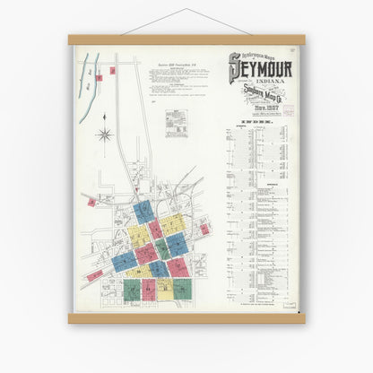 Old map wall art mockup — magnetic wood frame on white wall — Sanborn Fire Insurance Map from Seymour, Jackson County, Indiana (1907), Sheet #0001