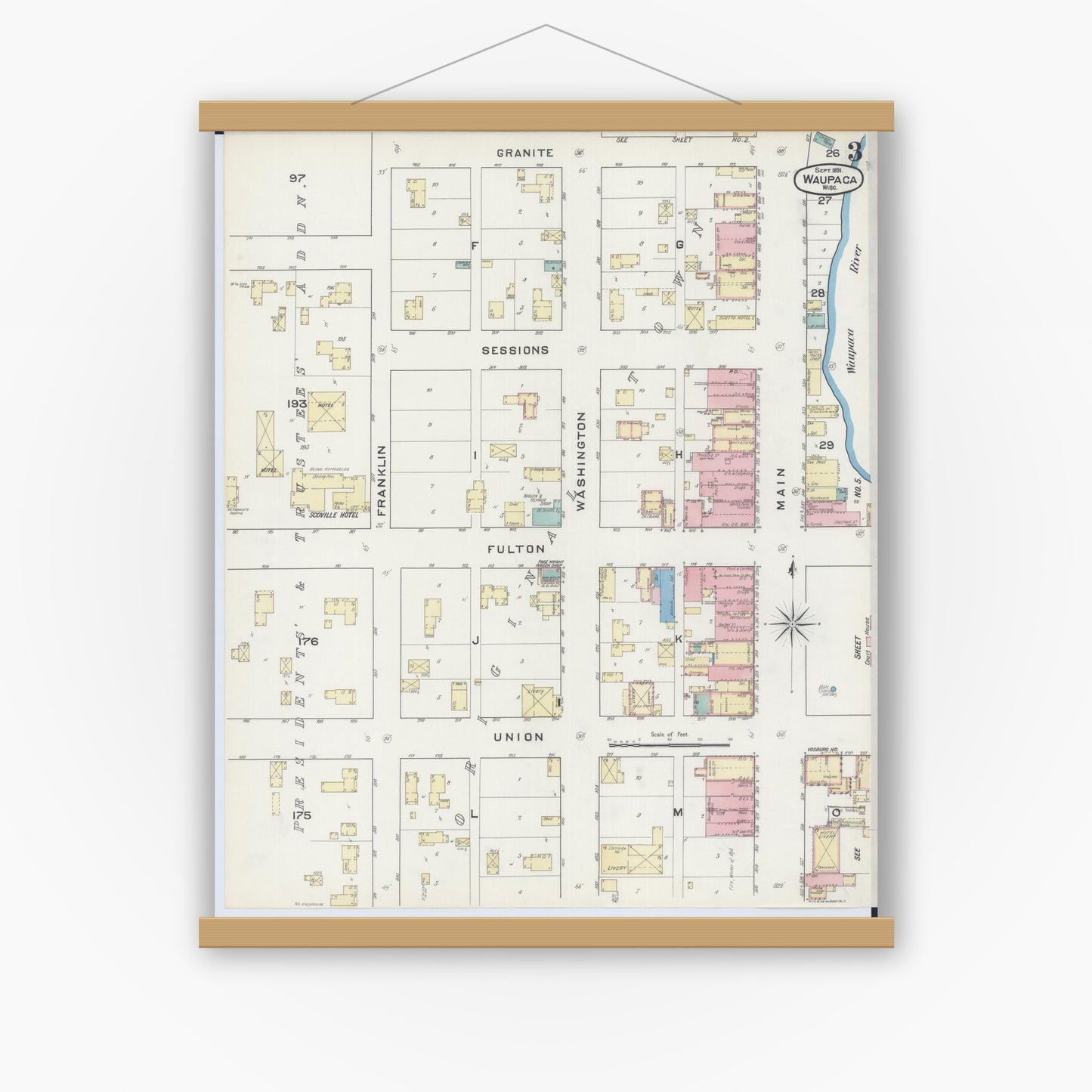Old map wall art mockup — magnetic wood frame on white wall — Sanborn Fire Insurance Map from Waupaca, Waupaca County, Wisconsin (1891), Sheet #0003