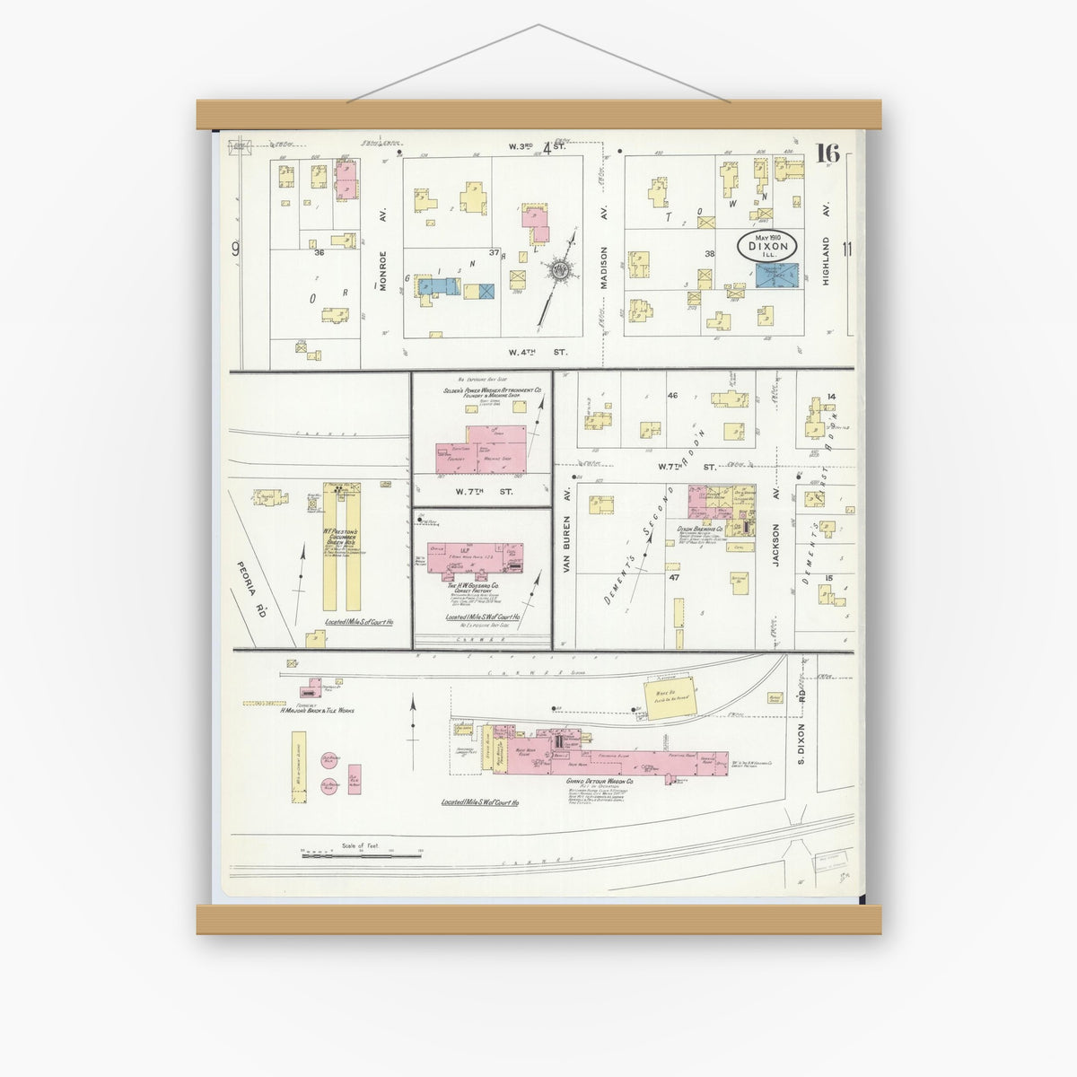Old map wall art mockup — magnetic wood frame on white wall — Sanborn Fire Insurance Map from Dixon, Lee County, Illinois (1910), Sheet #0016