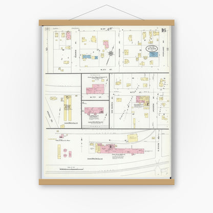Old map wall art mockup — magnetic wood frame on white wall — Sanborn Fire Insurance Map from Dixon, Lee County, Illinois (1910), Sheet #0016
