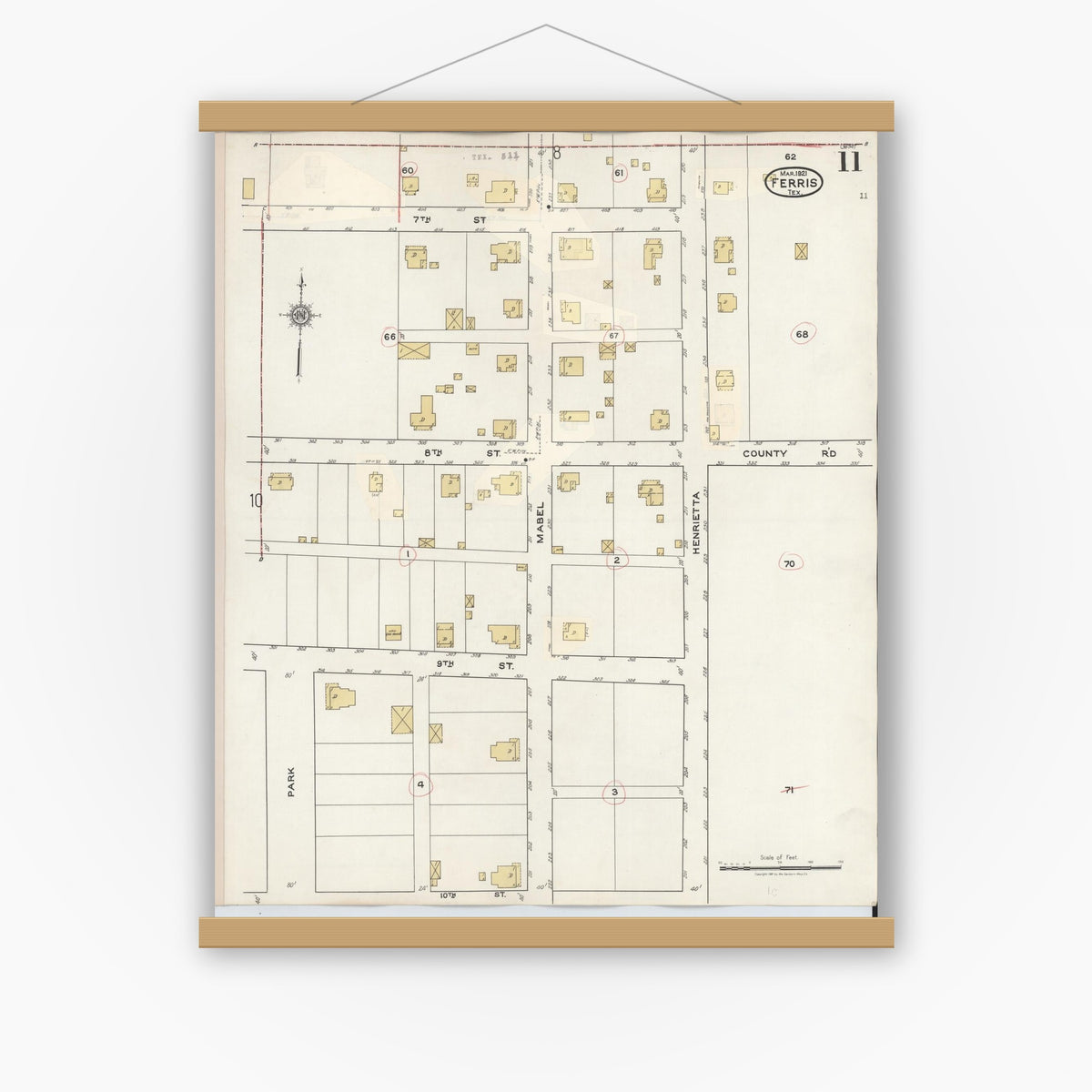 Old map wall art mockup — magnetic wood frame on white wall — Sanborn Fire Insurance Map from Ferris, Ellis County, Texas (1941), Sheet #0011