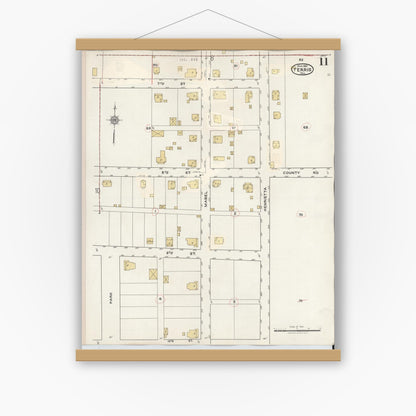 Old map wall art mockup — magnetic wood frame on white wall — Sanborn Fire Insurance Map from Ferris, Ellis County, Texas (1941), Sheet #0011
