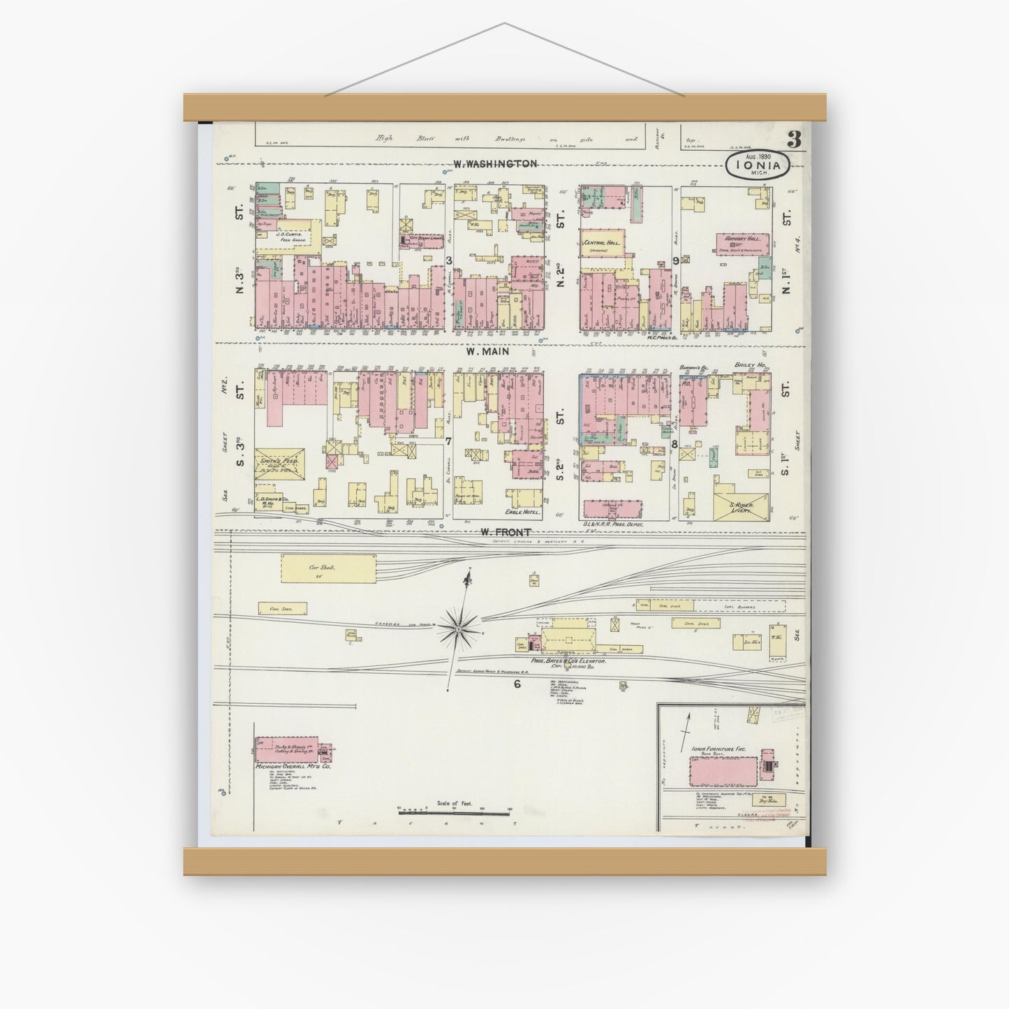Old map wall art mockup — magnetic wood frame on white wall — Sanborn Fire Insurance Map from Ionia, Ionia County, Michigan (1890), Sheet #0003