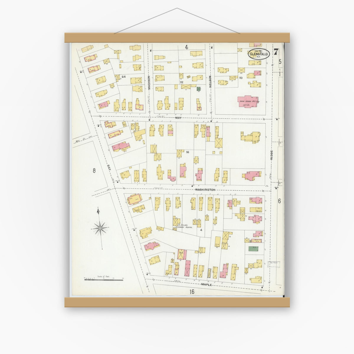 Old map wall art mockup — magnetic wood frame on white wall — Sanborn Fire Insurance Map from Glens Falls, Warren County, New York (1901), Sheet #0007
