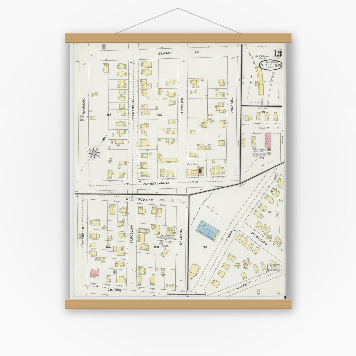 Old map wall art mockup — magnetic wood frame on white wall — Sanborn Fire Insurance Map from Port Jervis, Orange County, New York (1894), Sheet #0013