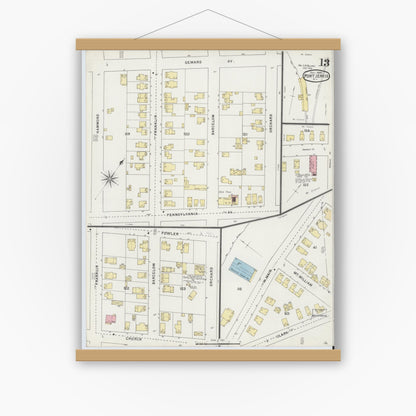 Old map wall art mockup — magnetic wood frame on white wall — Sanborn Fire Insurance Map from Port Jervis, Orange County, New York (1894), Sheet #0013