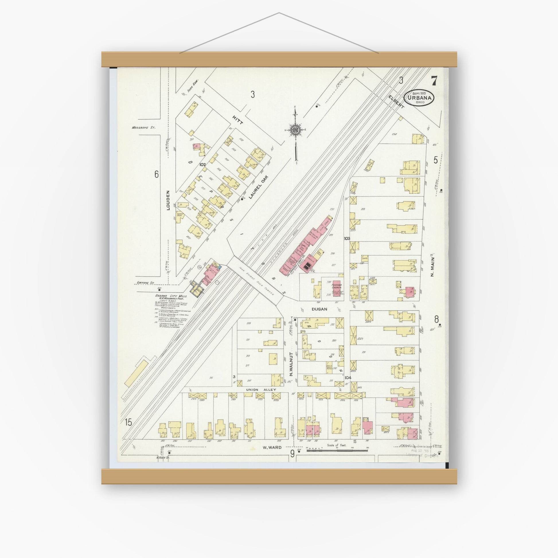Old map wall art mockup — magnetic wood frame on white wall — Sanborn Fire Insurance Map from Urbana, Champaign County, Ohio (1910), Sheet #0007