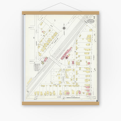 Old map wall art mockup — magnetic wood frame on white wall — Sanborn Fire Insurance Map from Urbana, Champaign County, Ohio (1910), Sheet #0007
